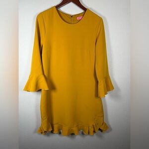 Betsy Johnson Mustard Yellow Sheath Dress Knee Length 3/4 Sleeve Ruffle Sz 8
